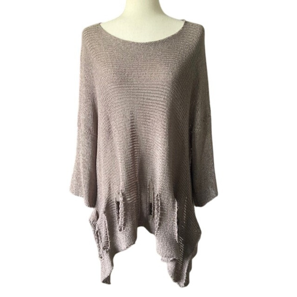Oversized Boho Asymmetric Knit Tunic L XL Lagenlook Distressed Hem Neutral